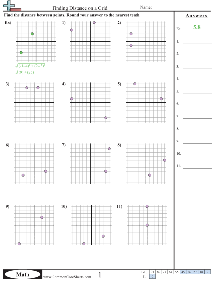 Grid Worksheets - Finding Distance (Different X and Y) worksheet